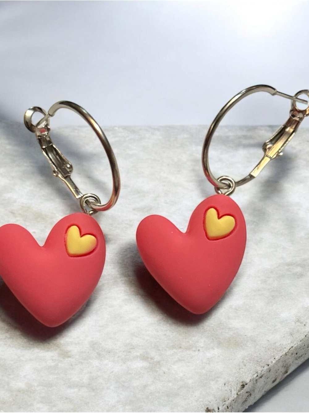 Cute Red Heart Hoop Earrings with Yellow Accent - Picture 1 of 1